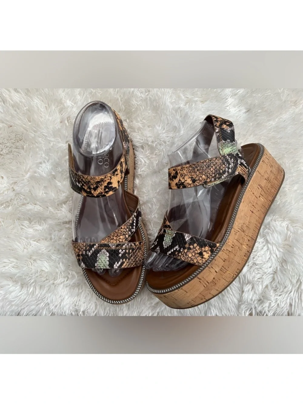 Franco Sarto Snake Print Cork Platform Wedge Sandals Women’s 9.5 Leather